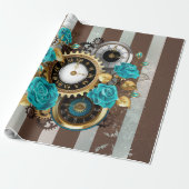 Steampunk Clock- en Turquoise-Rozen op gestreept Cadeaupapier (Uitgerold)