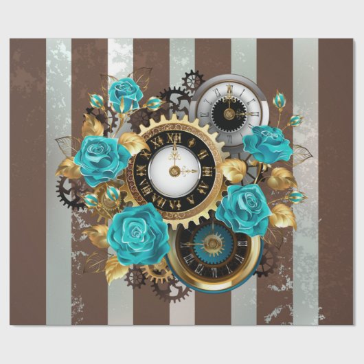 Steampunk Clock- en Turquoise-Rozen op gestreept Cadeaupapier (Vlak)