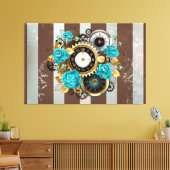 Steampunk Clock- en Turquoise-Rozen op gestreept Canvas Afdruk (Insitu (Woonkamer))