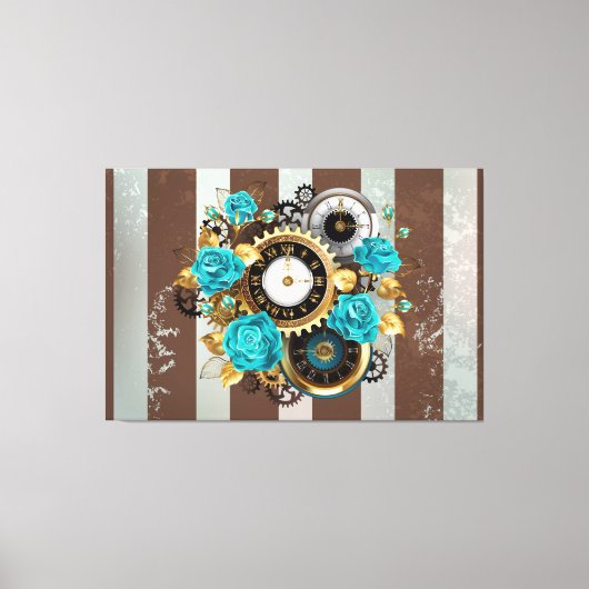 Steampunk Clock- en Turquoise-Rozen op gestreept Canvas Afdruk (Voorkant)