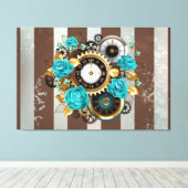 Steampunk Clock- en Turquoise-Rozen op gestreept Canvas Afdruk (Insitu (Houten vloer))