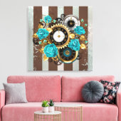 Steampunk Clock- en Turquoise-Rozen op gestreept Canvas Afdruk (Insitu (Woonkamer))