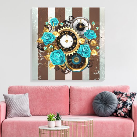 Steampunk Clock- en Turquoise-Rozen op gestreept Canvas Afdruk (Insitu (Woonkamer))