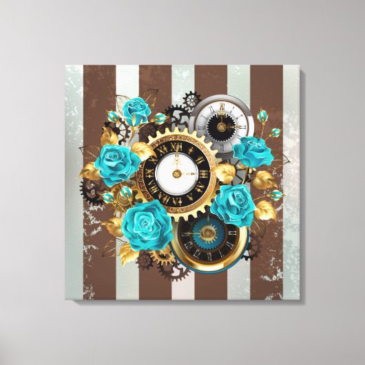 Steampunk Clock- en Turquoise-Rozen op gestreept Canvas Afdruk (Voorkant)