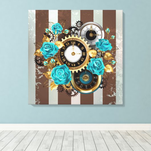 Steampunk Clock- en Turquoise-Rozen op gestreept Canvas Afdruk (Insitu (Houten vloer))