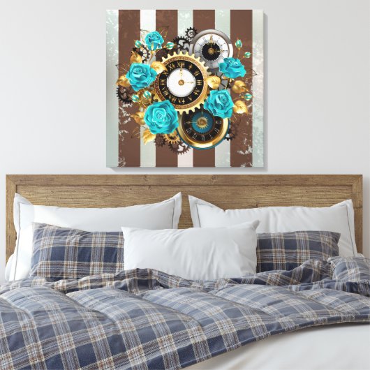 Steampunk Clock- en Turquoise-Rozen op gestreept Canvas Afdruk (Insitu (Slaapkamer))