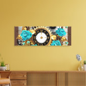 Steampunk Clock- en Turquoise-Rozen op gestreept Canvas Afdruk (Insitu (Woonkamer))