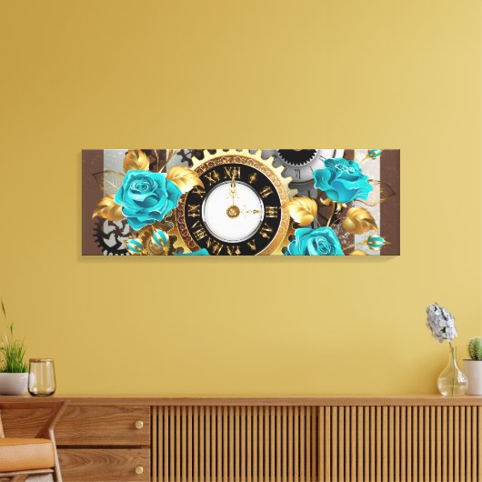 Steampunk Clock- en Turquoise-Rozen op gestreept Canvas Afdruk (Insitu (Woonkamer))