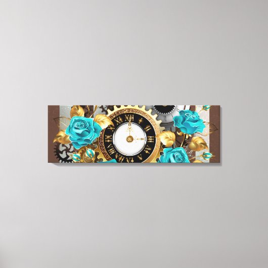 Steampunk Clock- en Turquoise-Rozen op gestreept Canvas Afdruk (Voorkant)