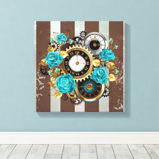 Steampunk Clock- en Turquoise-Rozen op gestreept Canvas Afdruk (Insitu (Houten vloer))