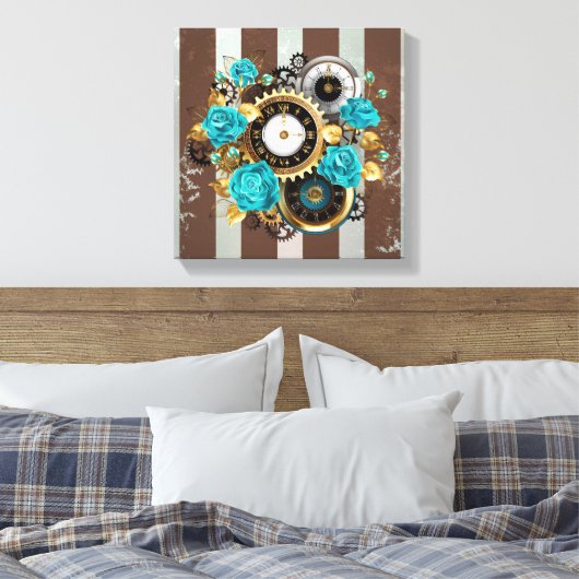 Steampunk Clock- en Turquoise-Rozen op gestreept Canvas Afdruk (Insitu (Slaapkamer))