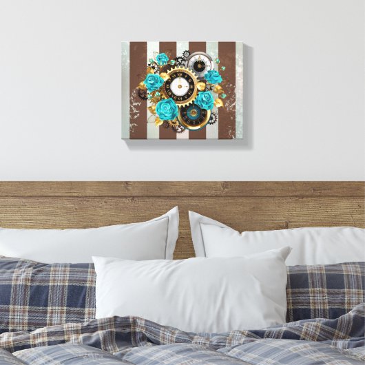 Steampunk Clock- en Turquoise-Rozen op gestreept Canvas Afdruk (Insitu (Slaapkamer))