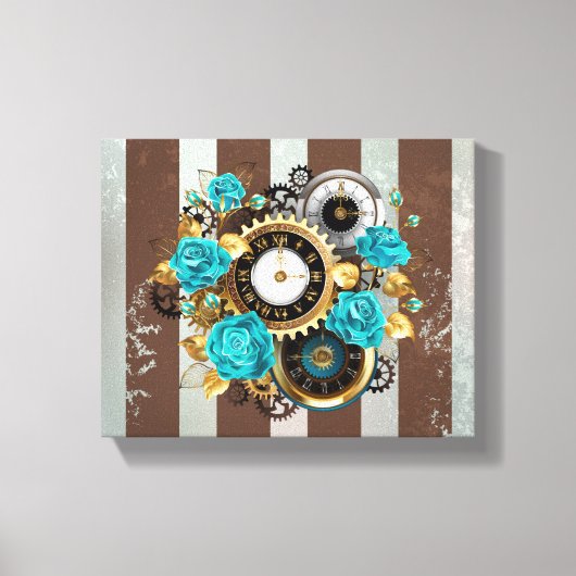 Steampunk Clock- en Turquoise-Rozen op gestreept Canvas Afdruk (Voorkant)