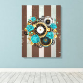 Steampunk Clock- en Turquoise-Rozen op gestreept Canvas Afdruk (Insitu (Houten vloer))