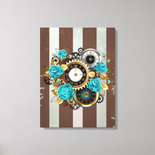 Steampunk Clock- en Turquoise-Rozen op gestreept Canvas Afdruk (Voorkant)