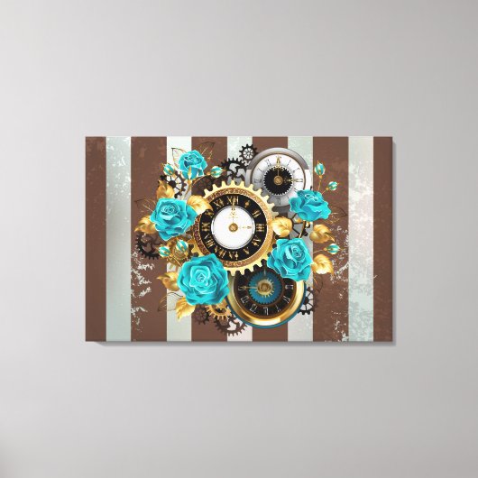Steampunk Clock- en Turquoise-Rozen op gestreept Canvas Afdruk (Voorkant)