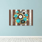 Steampunk Clock- en Turquoise-Rozen op gestreept Canvas Afdruk (Insitu (Houten vloer))