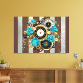 Steampunk Clock- en Turquoise-Rozen op gestreept Canvas Afdruk (Insitu (Woonkamer))