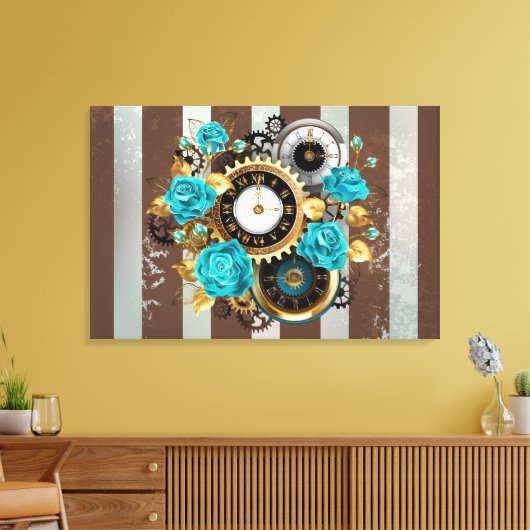 Steampunk Clock- en Turquoise-Rozen op gestreept Canvas Afdruk (Insitu (Woonkamer))