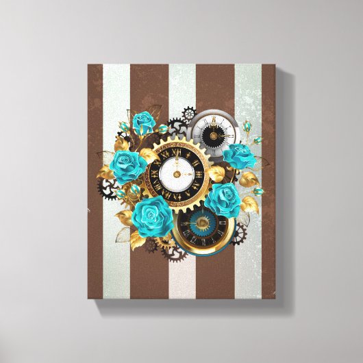 Steampunk Clock- en Turquoise-Rozen op gestreept Canvas Afdruk (Voorkant)