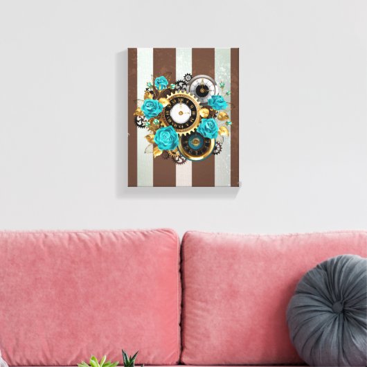 Steampunk Clock- en Turquoise-Rozen op gestreept Canvas Afdruk (Insitu (Woonkamer))