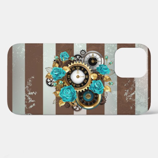 Steampunk Clock- en Turquoise-Rozen op gestreept Case-Mate iPhone Case (Achterkant (horizontaal))