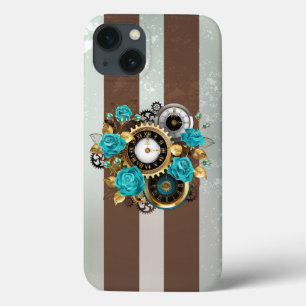 Steampunk Clock- en Turquoise-Rozen op gestreept Case-Mate iPhone Case