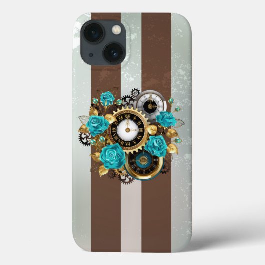 Steampunk Clock- en Turquoise-Rozen op gestreept Case-Mate iPhone Case (Achterkant)