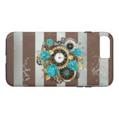 Steampunk Clock- en Turquoise-Rozen op gestreept Case-Mate iPhone Case (Achterkant (Horizontaal))