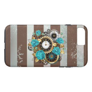 Steampunk Clock- en Turquoise-Rozen op gestreept iPhone 8/7 Plus Hoesje