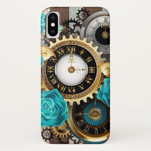 Steampunk Clock- en Turquoise-Rozen op gestreept Case-Mate iPhone Case (Achterkant)