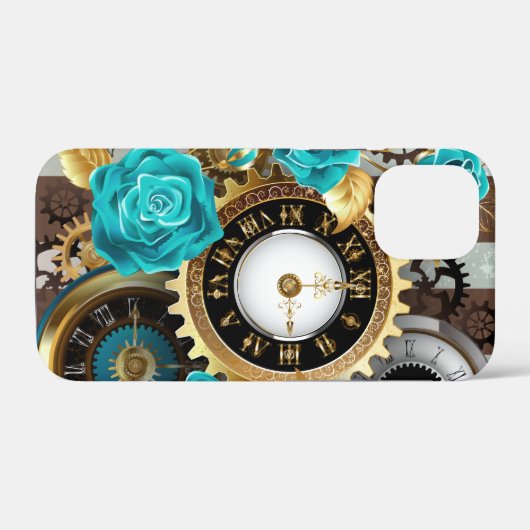 Steampunk Clock- en Turquoise-Rozen op gestreept Case-Mate iPhone Case (Achterkant (horizontaal))