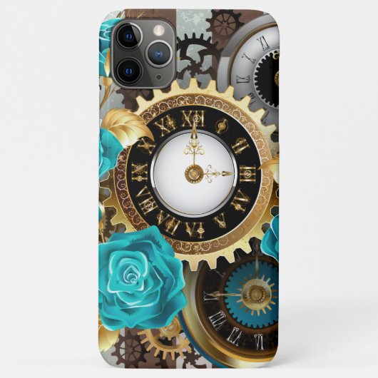 Steampunk Clock- en Turquoise-Rozen op gestreept Case-Mate iPhone Case (Achterkant)