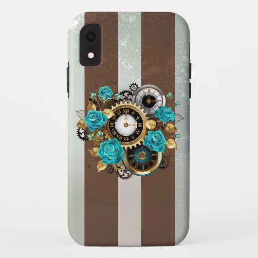 Steampunk Clock- en Turquoise-Rozen op gestreept Case-Mate iPhone Case (Achterkant)