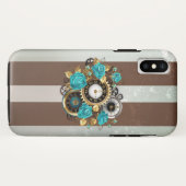 Steampunk Clock- en Turquoise-Rozen op gestreept Case-Mate iPhone Case (Achterkant (horizontaal))