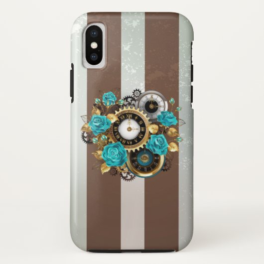 Steampunk Clock- en Turquoise-Rozen op gestreept Case-Mate iPhone Case (Achterkant)