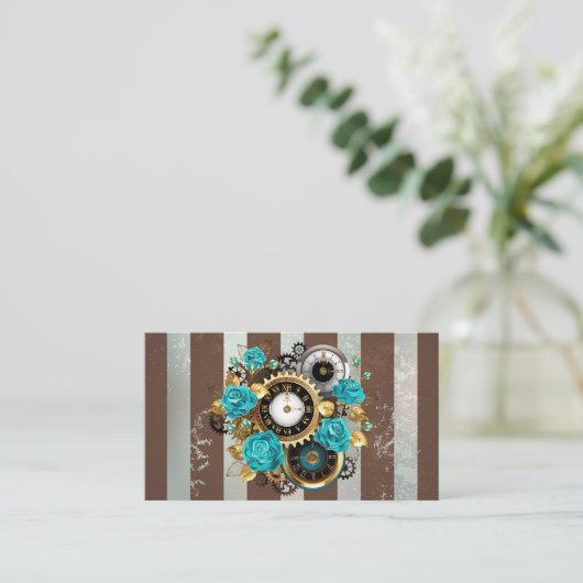 Steampunk Clock- en Turquoise-Rozen op gestreept Contactkaartje (Staand voorkant)