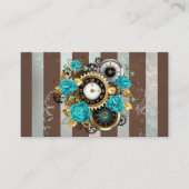 Steampunk Clock- en Turquoise-Rozen op gestreept Contactkaartje (Voorkant)