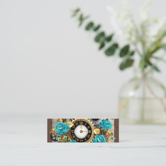 Steampunk Clock- en Turquoise-Rozen op gestreept Contactkaartje (Staand voorkant)