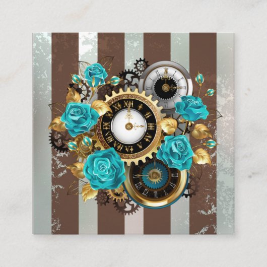 Steampunk Clock- en Turquoise-Rozen op gestreept Contactkaartje (Voorkant)