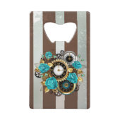 Steampunk Clock- en Turquoise-Rozen op gestreept Creditkaart Flessenopener (Voorkant)
