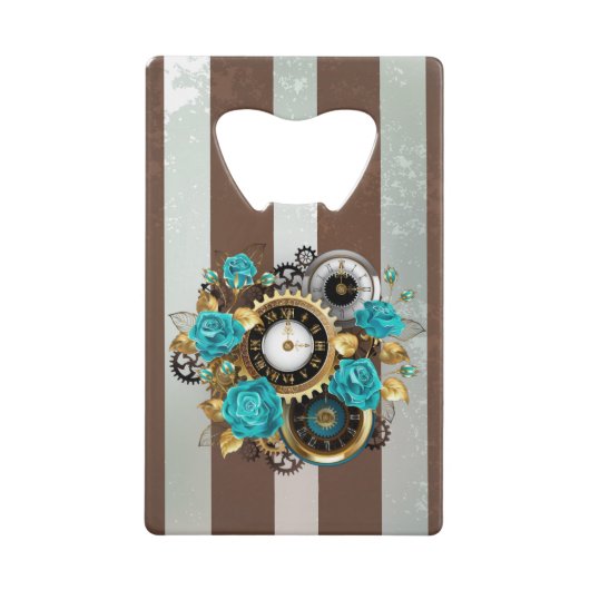 Steampunk Clock- en Turquoise-Rozen op gestreept Creditkaart Flessenopener (Voorkant)
