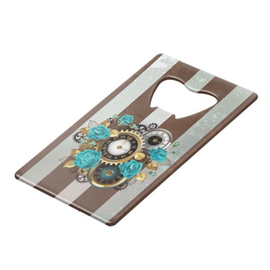 Steampunk Clock- en Turquoise-Rozen op gestreept Creditkaart Flessenopener (Voorkant Gekanteld)