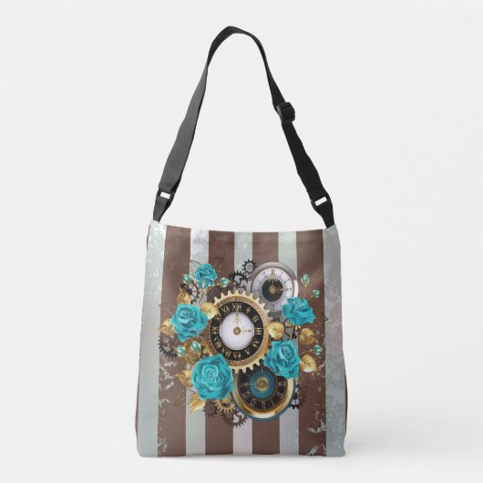 Steampunk Clock- en Turquoise-Rozen op gestreept Crossbody Tas (Achterkant)