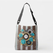 Steampunk Clock- en Turquoise-Rozen op gestreept Crossbody Tas (Voorkant)