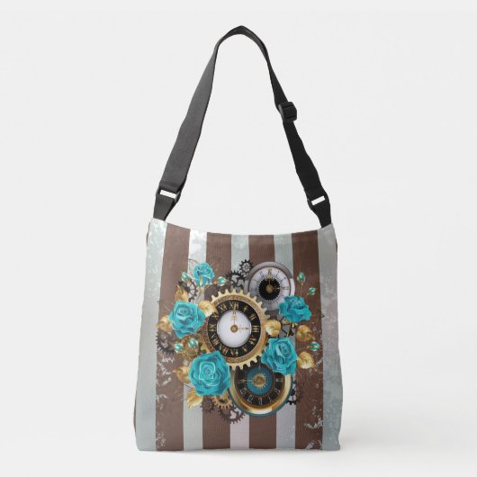 Steampunk Clock- en Turquoise-Rozen op gestreept Crossbody Tas (Voorkant)