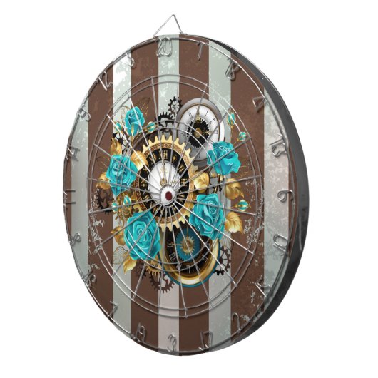 Steampunk Clock- en Turquoise-Rozen op gestreept Dartbord (Voorkant Rechts)