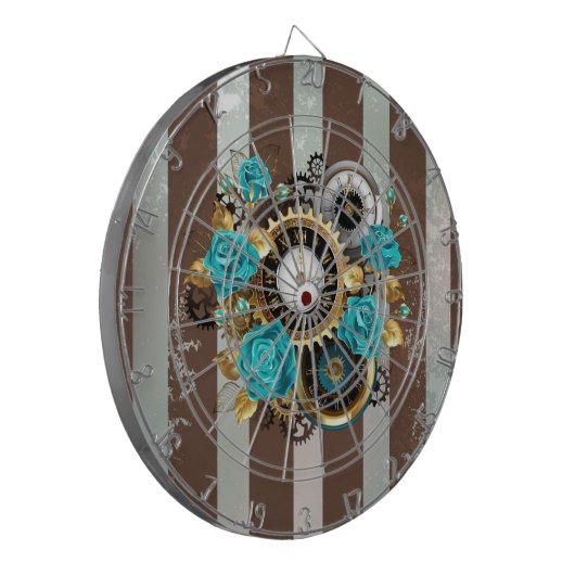 Steampunk Clock- en Turquoise-Rozen op gestreept Dartbord (Voorkant Links)