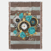 Steampunk Clock- en Turquoise-Rozen op gestreept Deken (Voorkant Verticaal)