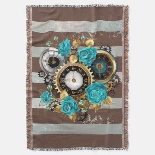 Steampunk Clock- en Turquoise-Rozen op gestreept Deken (Voorkant Verticaal)